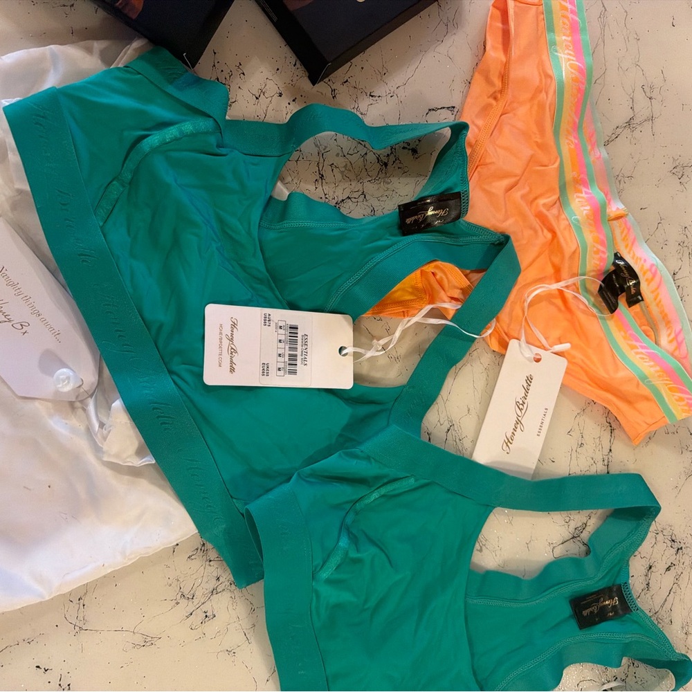 5 piece NWT NEW Honey Birdette lingerie bundle Bralette Set Neon Orange thong M